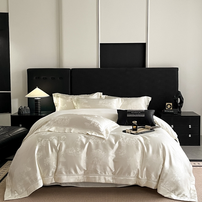 博纳家纺 2025新款镂空大宽边拼角高级简奢款亲肤棉四件套-山水提花 象牙白