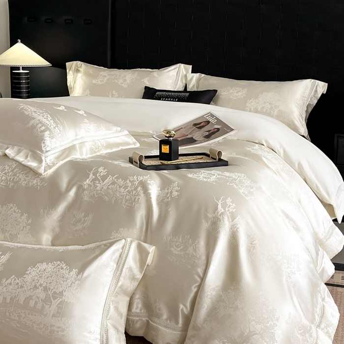 91家纺网 家纺一手货源 找家纺 博纳家纺 2025新款镂空大宽边拼角高级简奢款亲肤棉四件套-山水提花 象牙白