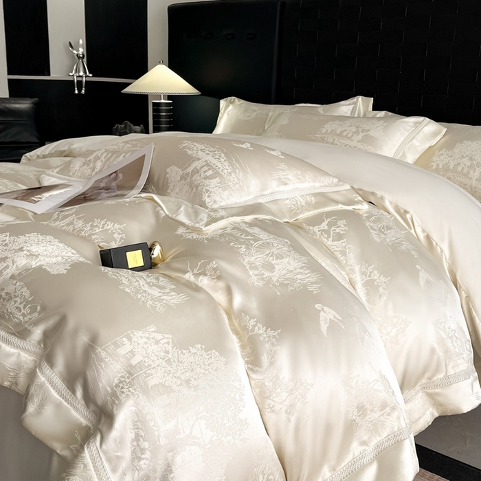 91家纺网 家纺一手货源 找家纺 博纳家纺 2025新款镂空大宽边拼角高级简奢款亲肤棉四件套-山水提花 象牙白