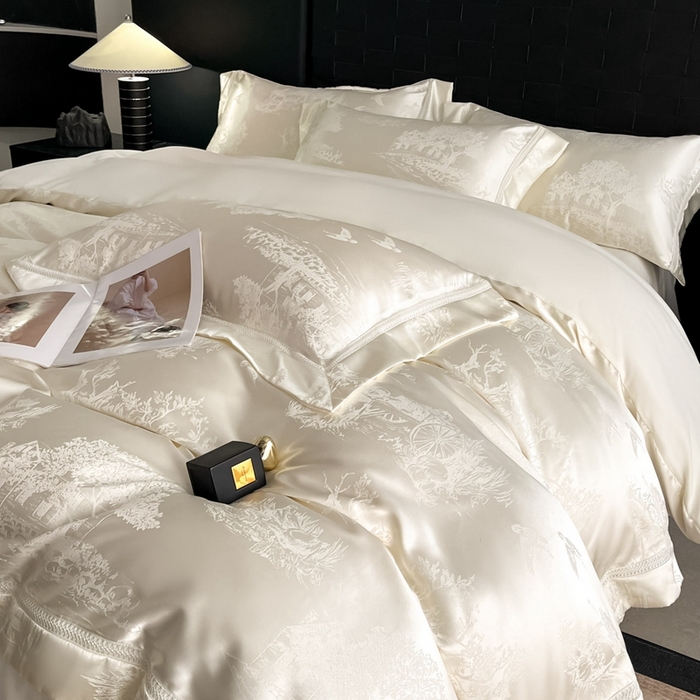 91家纺网 家纺一手货源 找家纺 博纳家纺 2025新款镂空大宽边拼角高级简奢款亲肤棉四件套-山水提花 象牙白