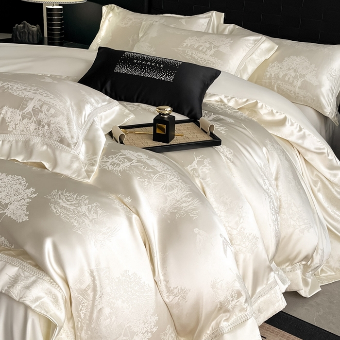 91家纺网 家纺一手货源 找家纺 博纳家纺 2025新款镂空大宽边拼角高级简奢款亲肤棉四件套-山水提花 象牙白