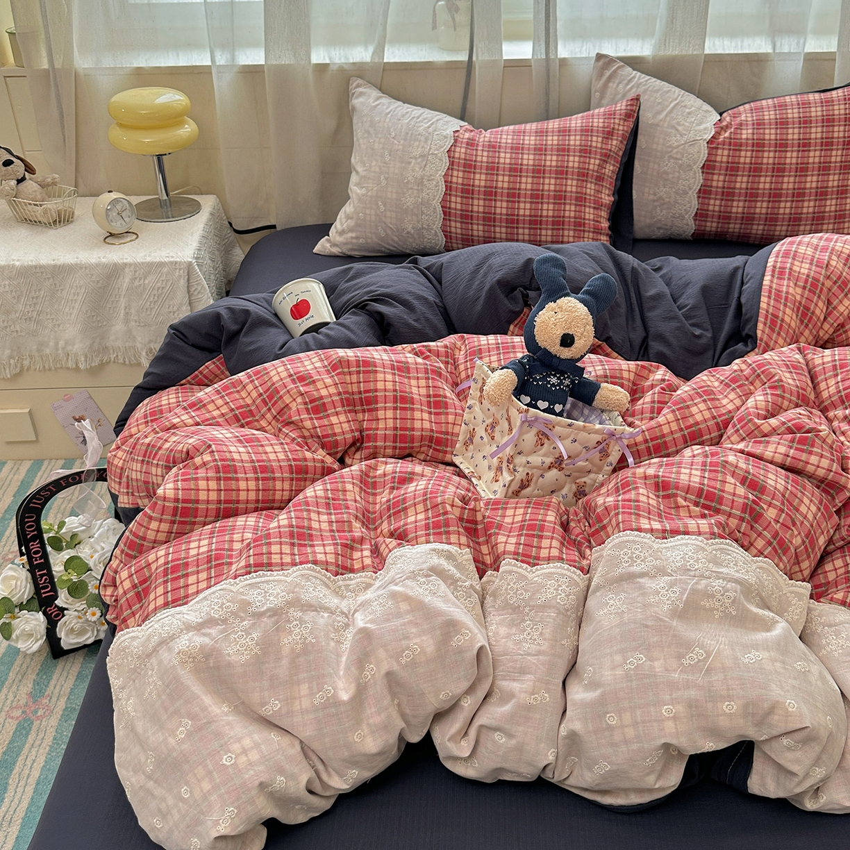 91家纺网 家纺一手货源 找家纺 （总）晚爱家纺（原晚安家居） 2025新款韩系少女风蕾丝花边四件套云感木棉双层纱-苏菲