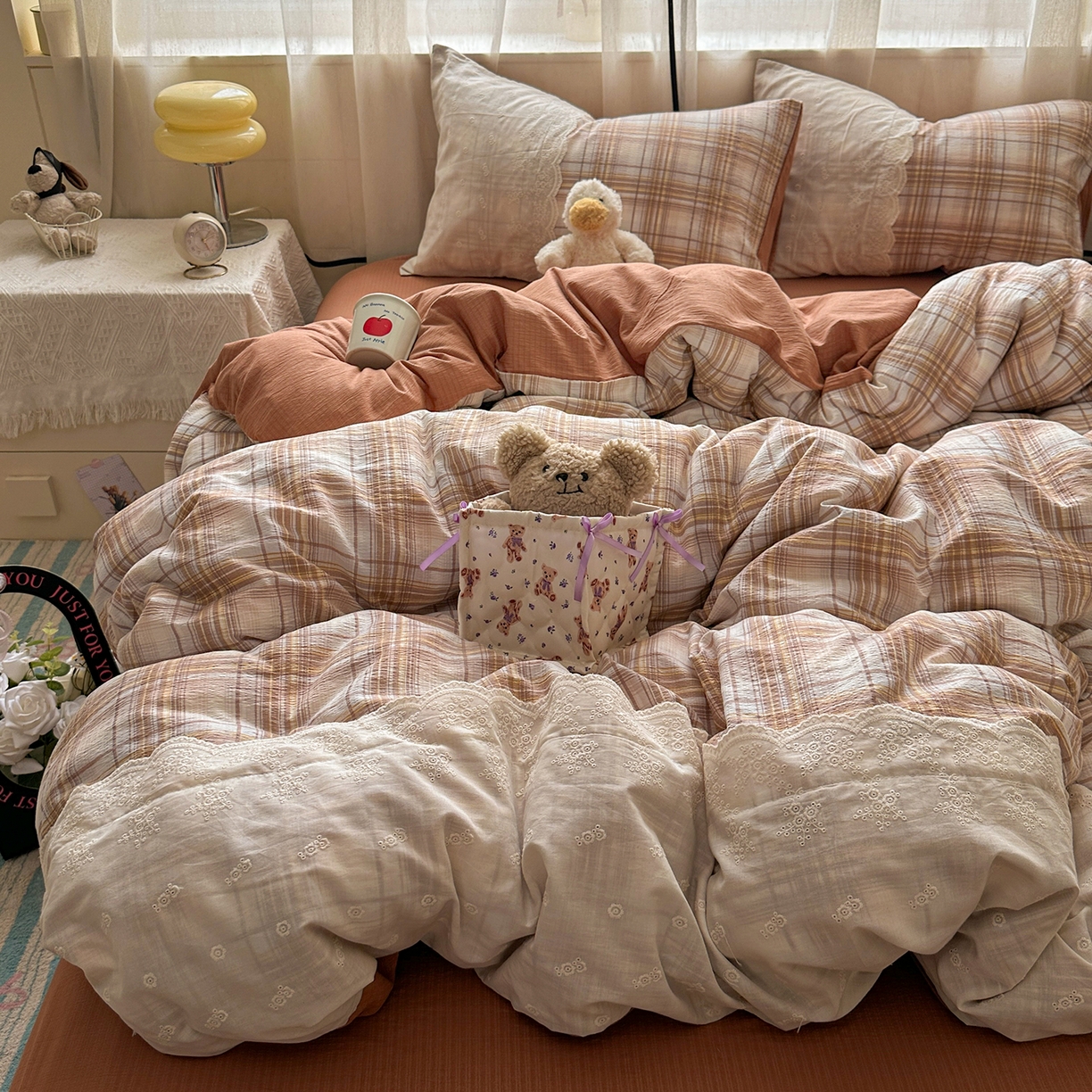 91家纺网 家纺一手货源 找家纺 （总）晚爱家纺（原晚安家居） 2025新款韩系少女风蕾丝花边四件套云感木棉双层纱-苏菲