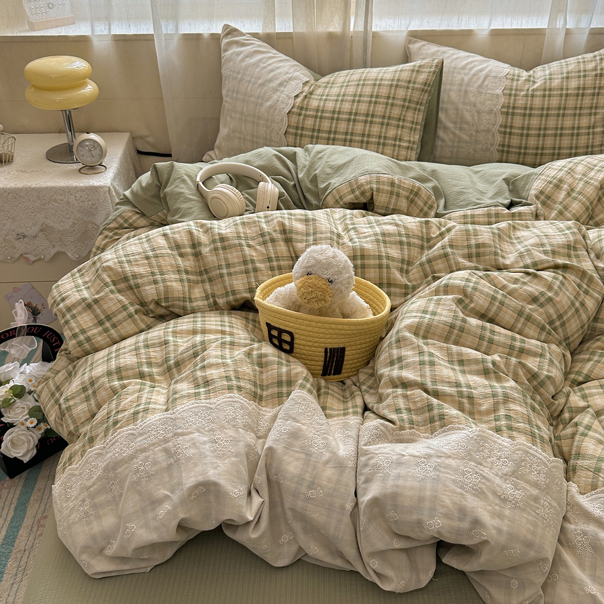 91家纺网 家纺一手货源 找家纺 （总）晚爱家纺（原晚安家居） 2025新款韩系少女风蕾丝花边四件套云感木棉双层纱-苏菲