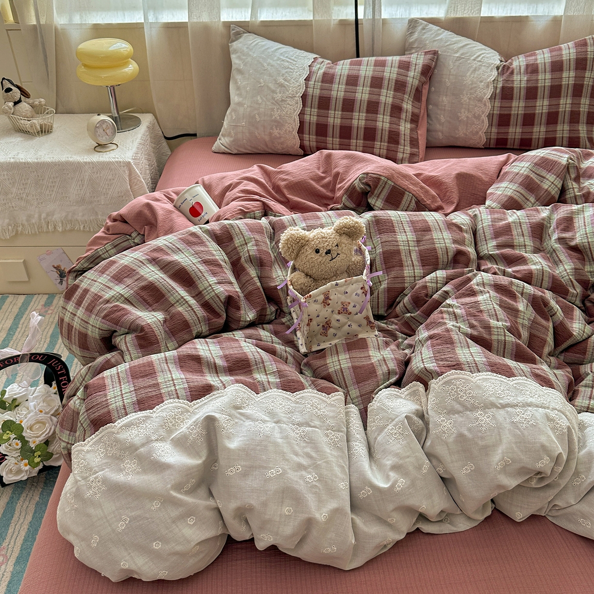 91家纺网 家纺一手货源 找家纺 （总）晚爱家纺（原晚安家居） 2025新款韩系少女风蕾丝花边四件套云感木棉双层纱-苏菲