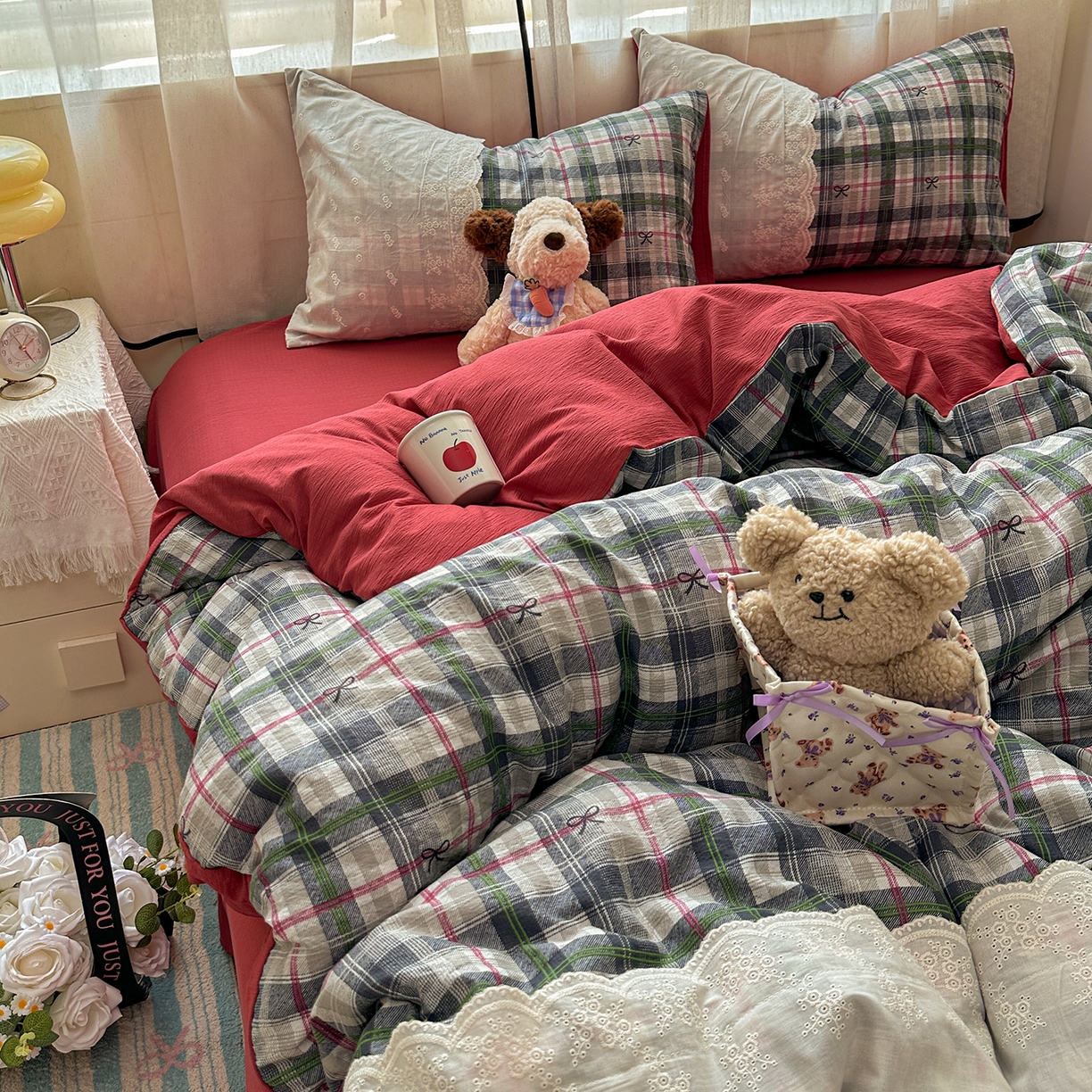 91家纺网 家纺一手货源 找家纺 （总）晚爱家纺（原晚安家居） 2025新款韩系少女风蕾丝花边四件套云感木棉双层纱-苏菲