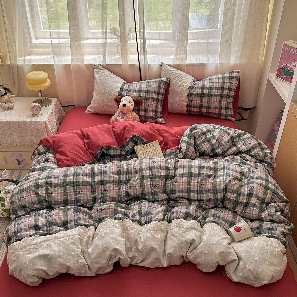 91家纺网 家纺一手货源 找家纺 （总）晚爱家纺（原晚安家居） 2025新款韩系少女风蕾丝花边四件套云感木棉双层纱-苏菲