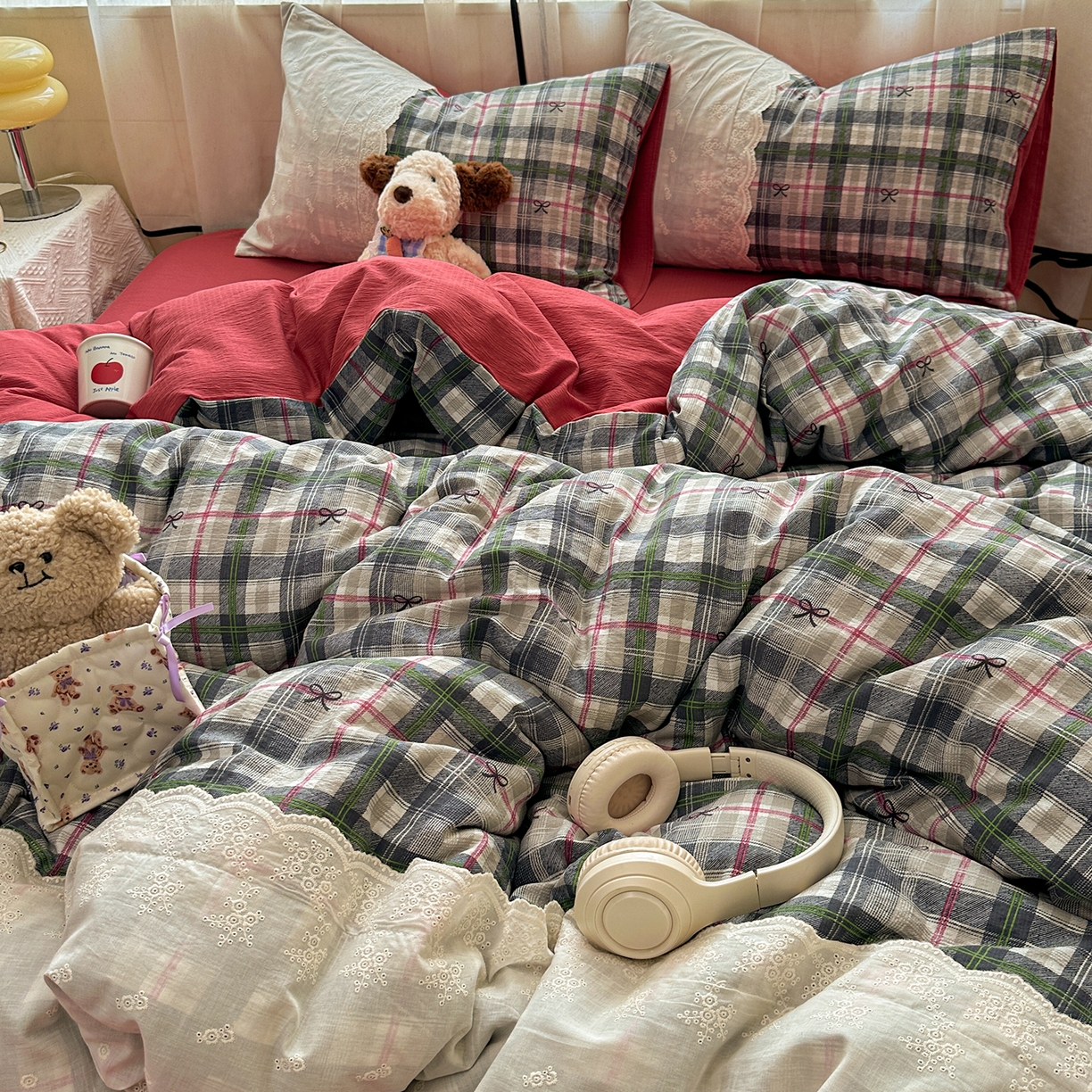 91家纺网 家纺一手货源 找家纺 （总）晚爱家纺（原晚安家居） 2025新款韩系少女风蕾丝花边四件套云感木棉双层纱-苏菲