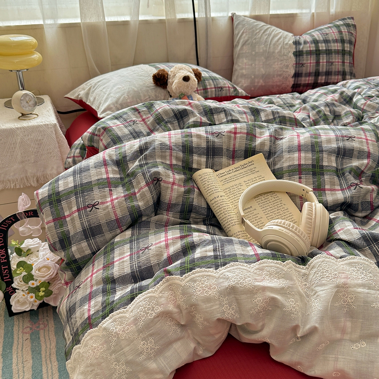 91家纺网 家纺一手货源 找家纺 （总）晚爱家纺（原晚安家居） 2025新款韩系少女风蕾丝花边四件套云感木棉双层纱-苏菲