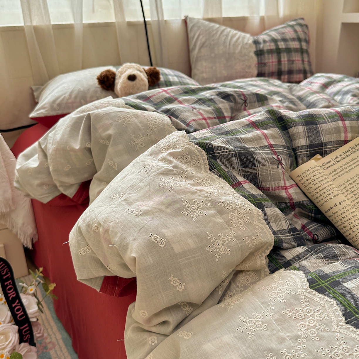 91家纺网 家纺一手货源 找家纺 （总）晚爱家纺（原晚安家居） 2025新款韩系少女风蕾丝花边四件套云感木棉双层纱-苏菲