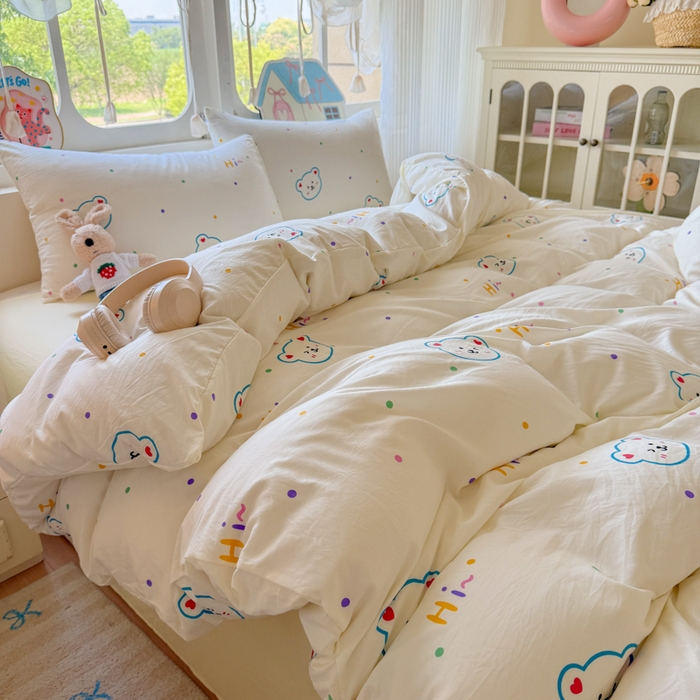 91家纺网 家纺一手货源 找家纺 （总）晚爱家纺（原晚安家居） 2025新款超柔水洗棉四件套卡通小清新学生宿舍三件套