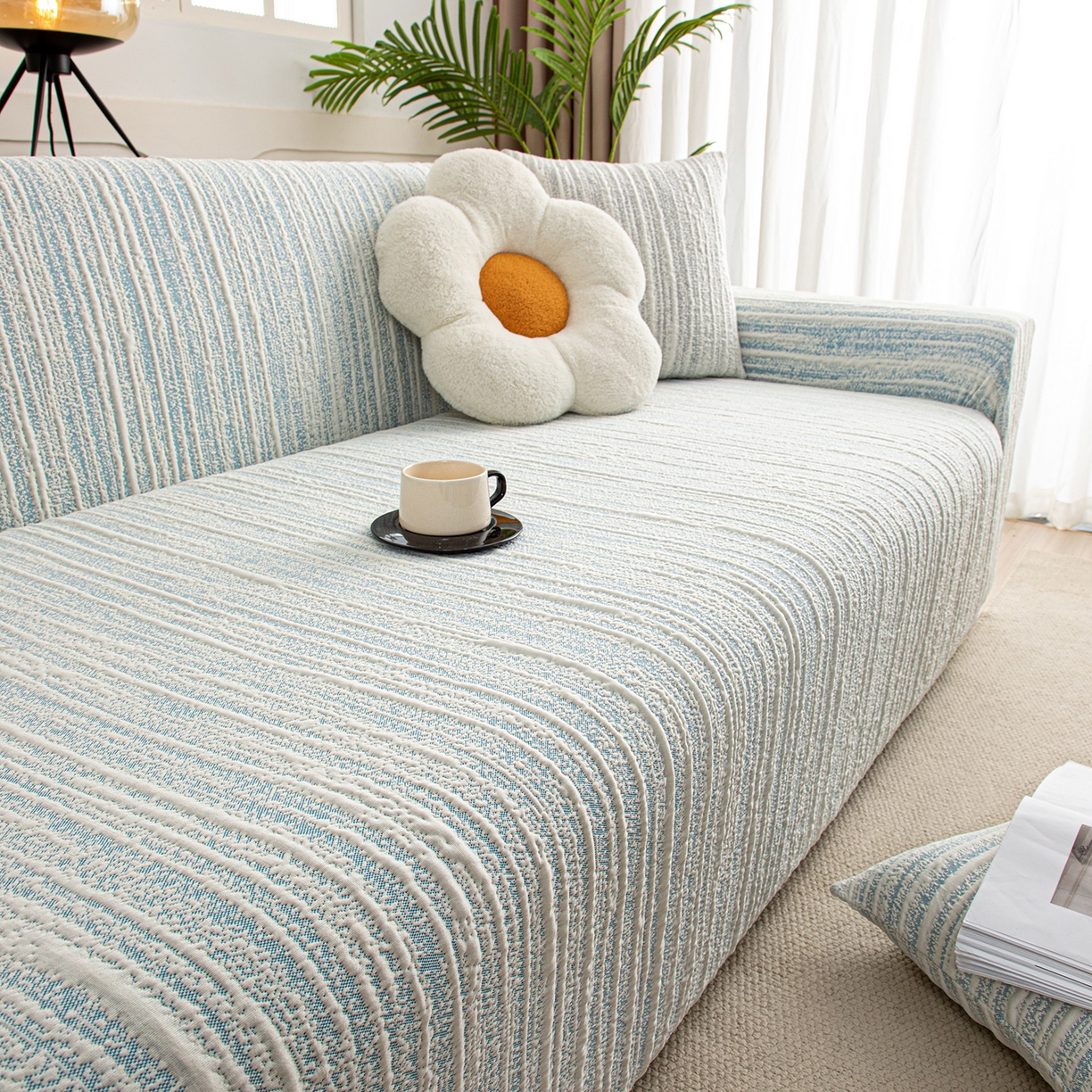 91家纺网 家纺一手货源 找家纺 沐沐家纺 2026新款星弦沙发套 孔雀蓝