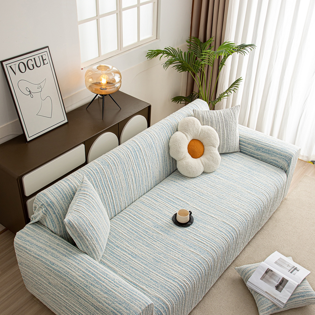 91家纺网 家纺一手货源 找家纺 沐沐家纺 2026新款星弦沙发套 孔雀蓝