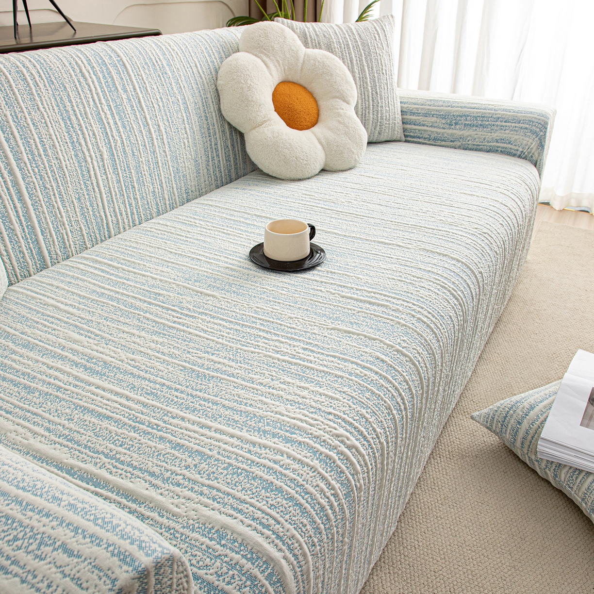 91家纺网 家纺一手货源 找家纺 沐沐家纺 2026新款星弦沙发套 孔雀蓝