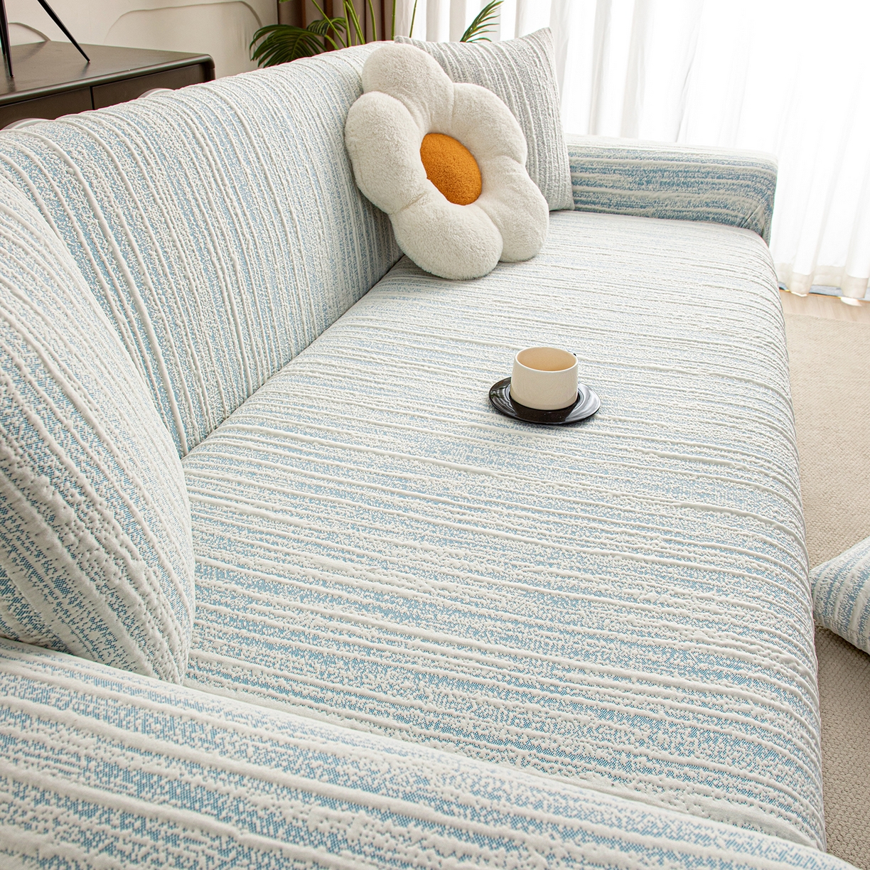 91家纺网 家纺一手货源 找家纺 沐沐家纺 2026新款星弦沙发套 孔雀蓝