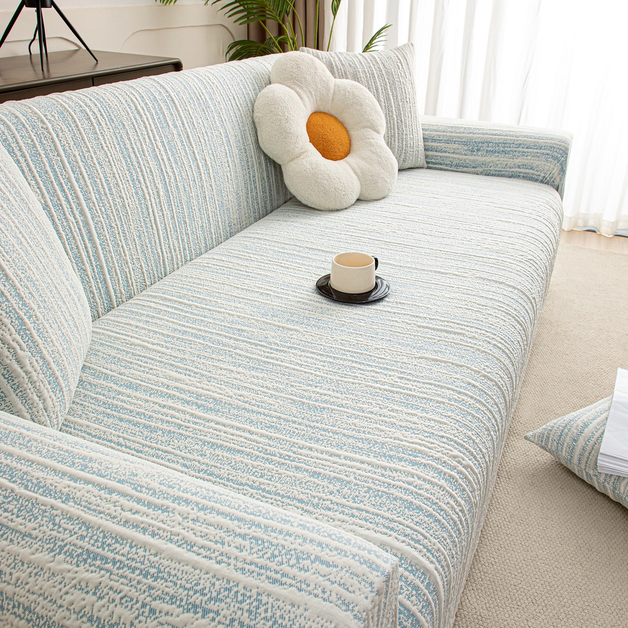 91家纺网 家纺一手货源 找家纺 沐沐家纺 2026新款星弦沙发套 孔雀蓝