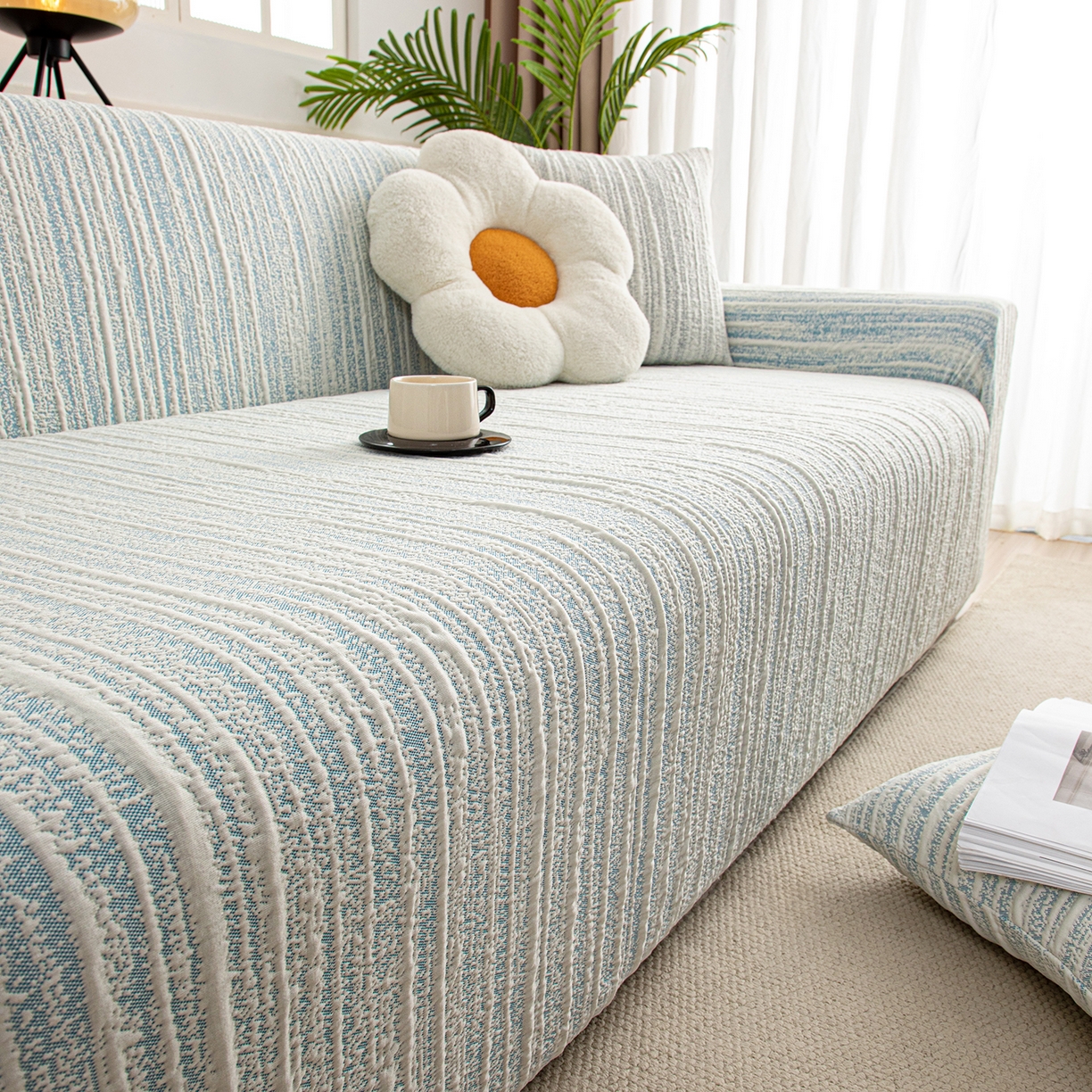 91家纺网 家纺一手货源 找家纺 沐沐家纺 2026新款星弦沙发套 孔雀蓝