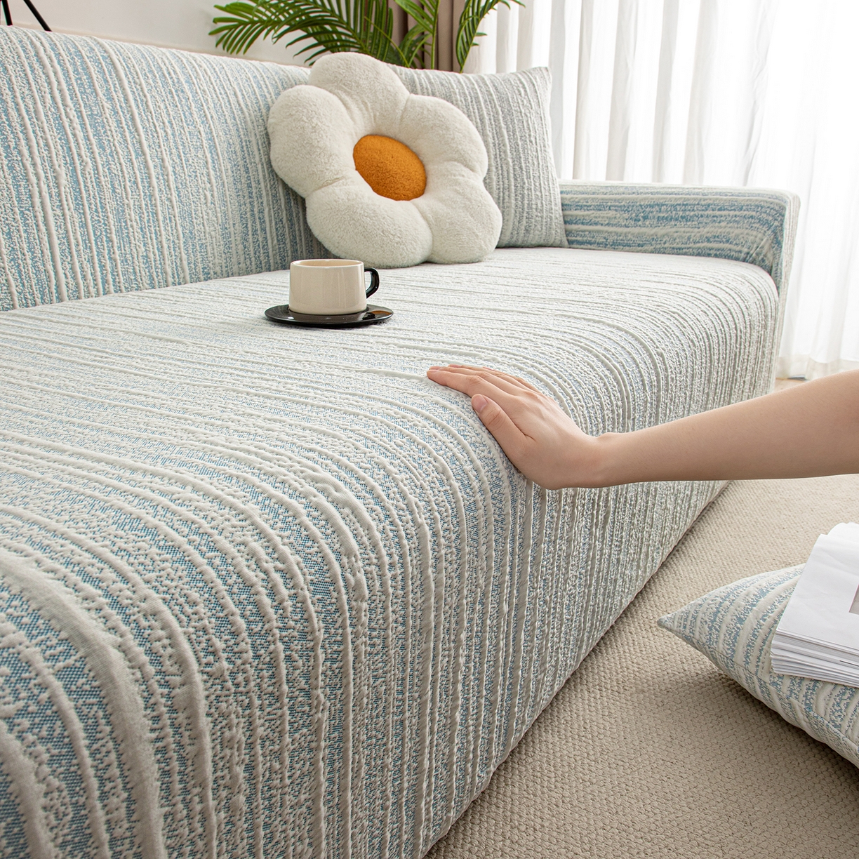 91家纺网 家纺一手货源 找家纺 沐沐家纺 2026新款星弦沙发套 孔雀蓝