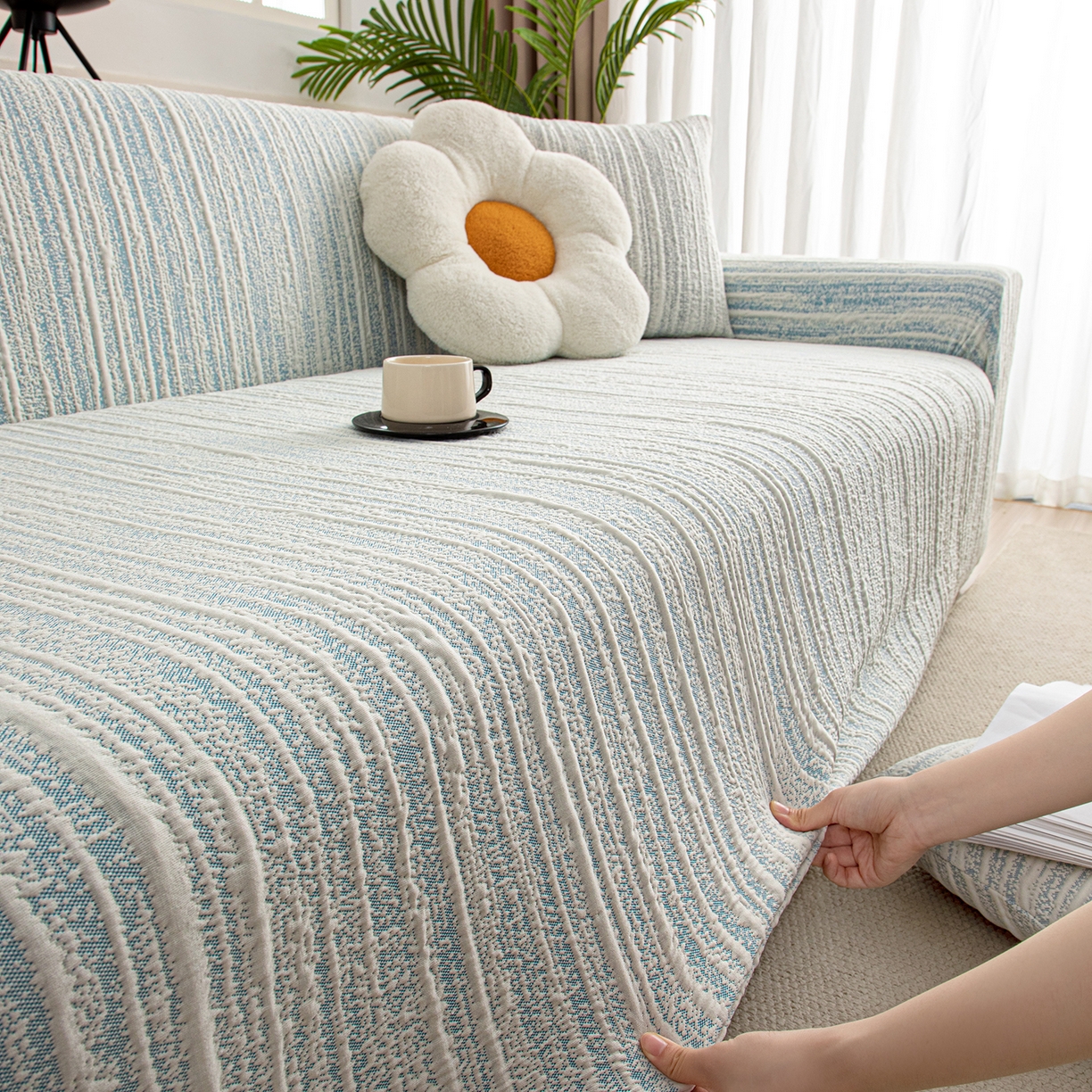 91家纺网 家纺一手货源 找家纺 沐沐家纺 2026新款星弦沙发套 孔雀蓝