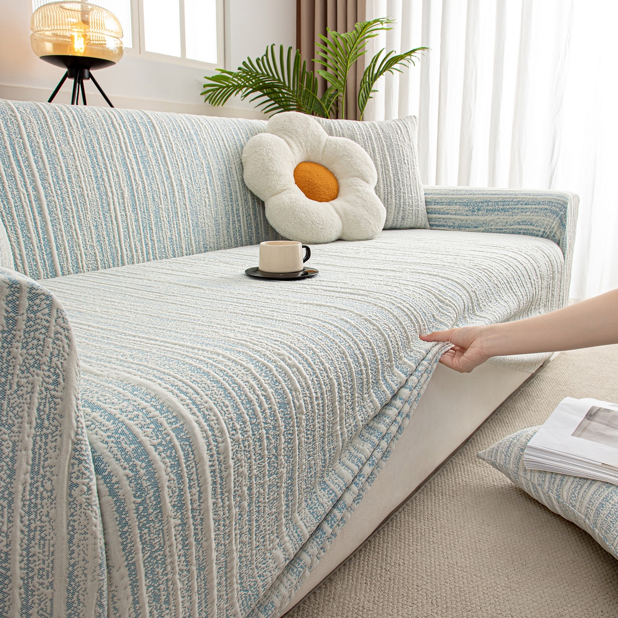 91家纺网 家纺一手货源 找家纺 沐沐家纺 2026新款星弦沙发套 孔雀蓝