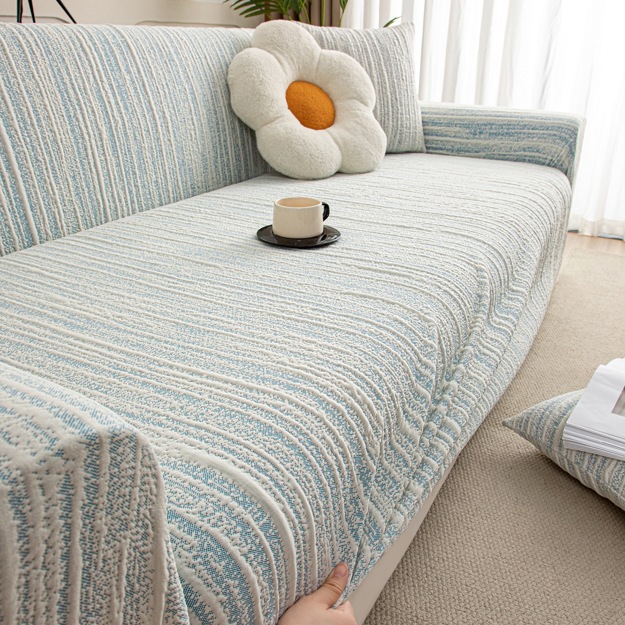 91家纺网 家纺一手货源 找家纺 沐沐家纺 2026新款星弦沙发套 孔雀蓝