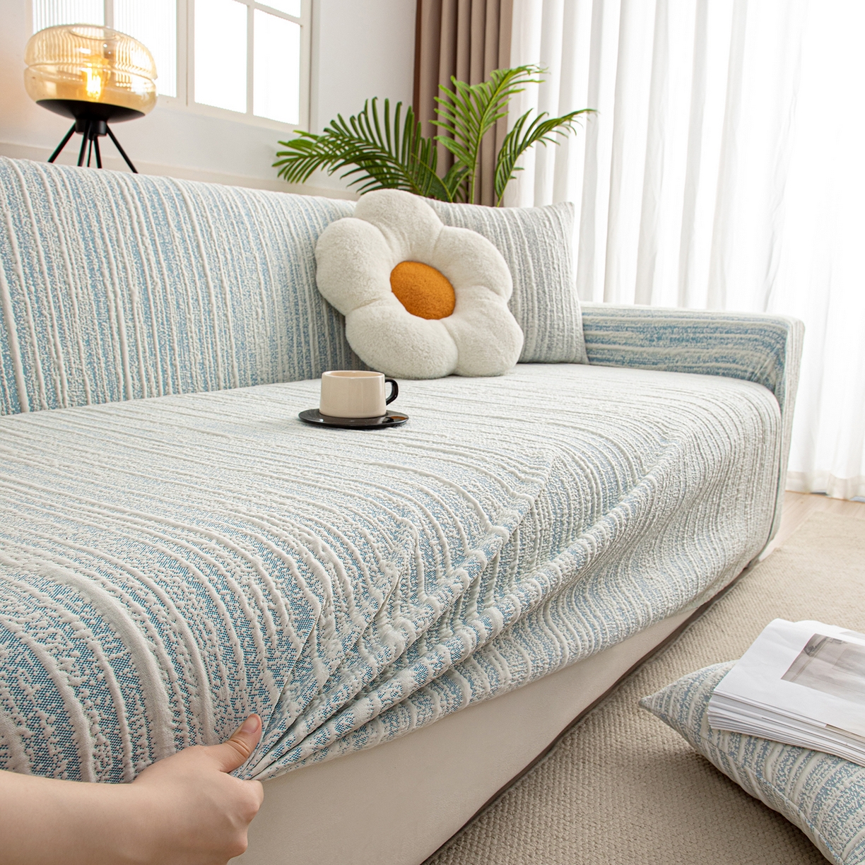 91家纺网 家纺一手货源 找家纺 沐沐家纺 2026新款星弦沙发套 孔雀蓝