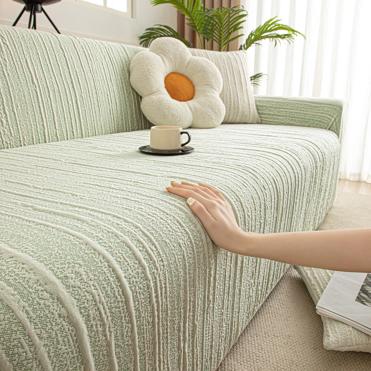 91家纺网 家纺一手货源 找家纺 沐沐家纺 2026新款星弦沙发套 抹茶绿