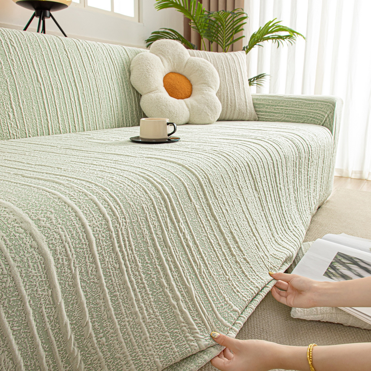 91家纺网 家纺一手货源 找家纺 沐沐家纺 2026新款星弦沙发套 抹茶绿