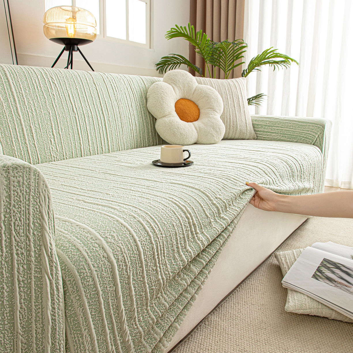 91家纺网 家纺一手货源 找家纺 沐沐家纺 2026新款星弦沙发套 抹茶绿