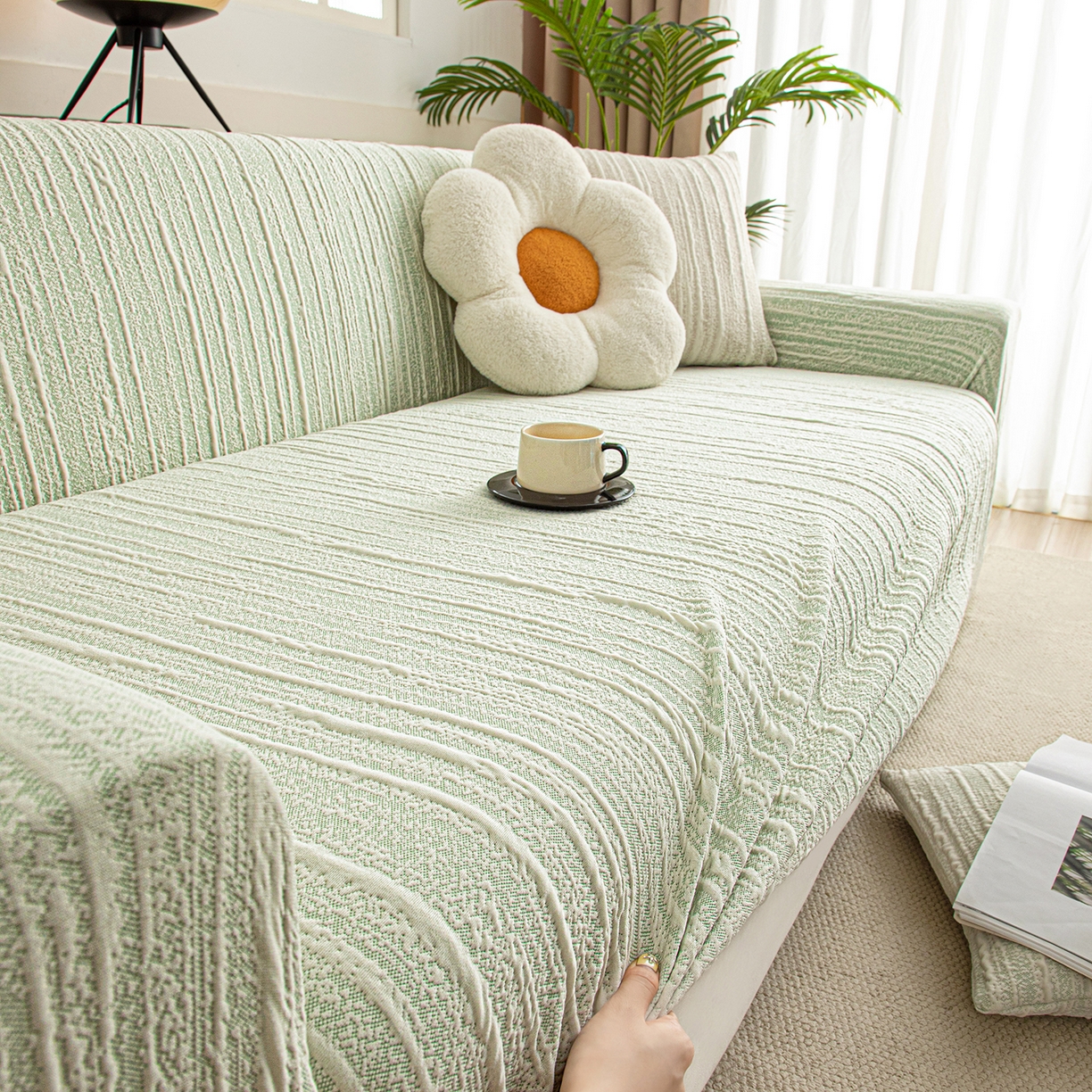 91家纺网 家纺一手货源 找家纺 沐沐家纺 2026新款星弦沙发套 抹茶绿