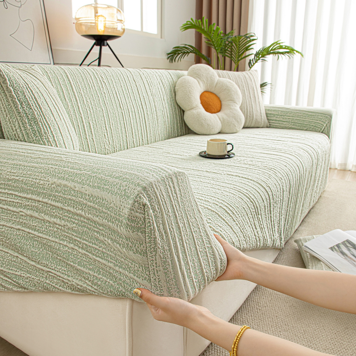 91家纺网 家纺一手货源 找家纺 沐沐家纺 2026新款星弦沙发套 抹茶绿