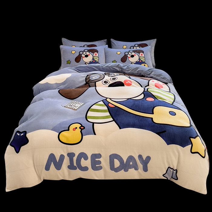 91家纺网 家纺一手货源 找家纺 丝羽坊 2025新款A类大版牛奶绒印花四件套 洛米狗