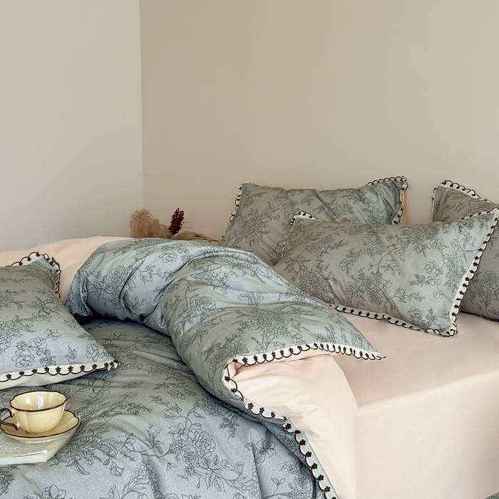91家纺网 家纺一手货源 找家纺 于果 2025新款全棉纯棉生态磨毛花边款四件套 花眠绿