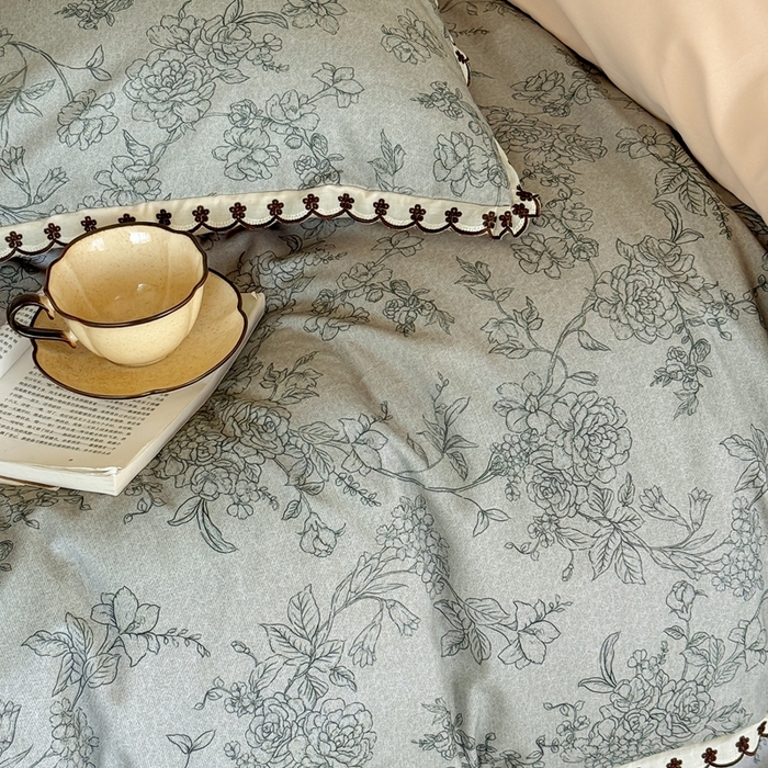 91家纺网 家纺一手货源 找家纺 于果 2025新款全棉纯棉生态磨毛花边款四件套 花眠绿