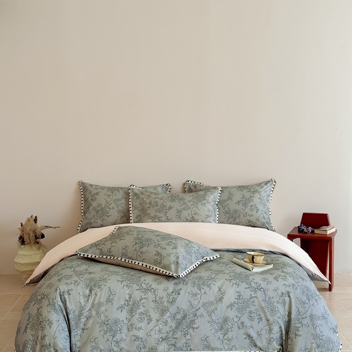 91家纺网 家纺一手货源 找家纺 于果 2025新款全棉纯棉生态磨毛花边款四件套 花眠绿