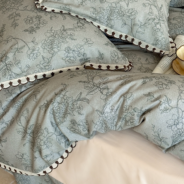 91家纺网 家纺一手货源 找家纺 于果 2025新款全棉纯棉生态磨毛花边款四件套 花眠绿