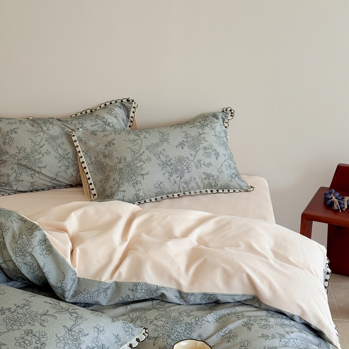 91家纺网 家纺一手货源 找家纺 于果 2025新款全棉纯棉生态磨毛花边款四件套 花眠绿