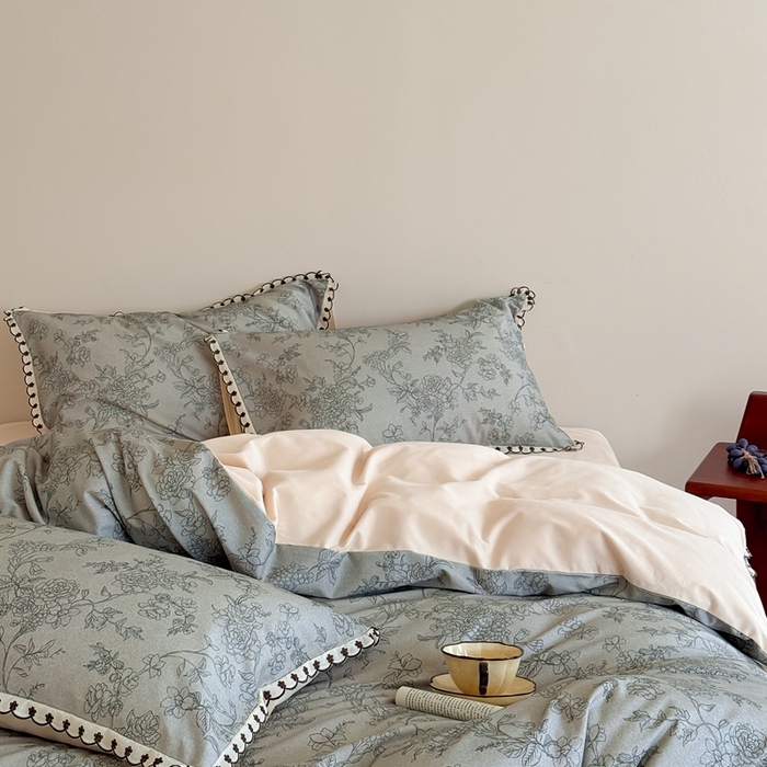 91家纺网 家纺一手货源 找家纺 于果 2025新款全棉纯棉生态磨毛花边款四件套 花眠绿