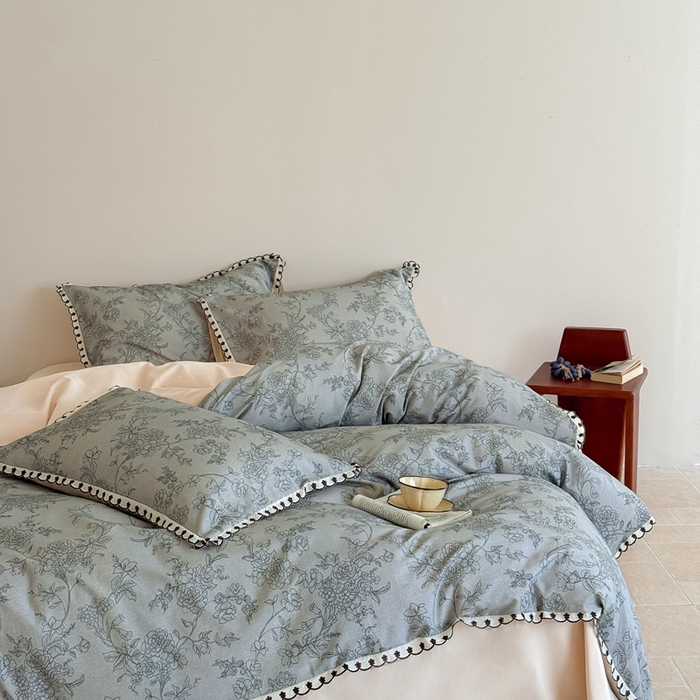 91家纺网 家纺一手货源 找家纺 于果 2025新款全棉纯棉生态磨毛花边款四件套 花眠绿