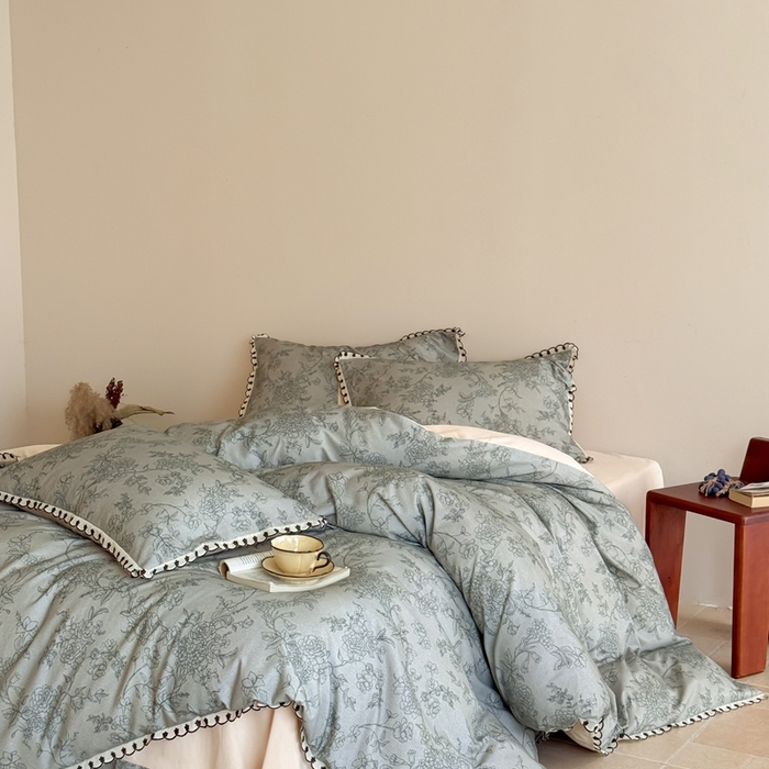 91家纺网 家纺一手货源 找家纺 于果 2025新款全棉纯棉生态磨毛花边款四件套 花眠绿