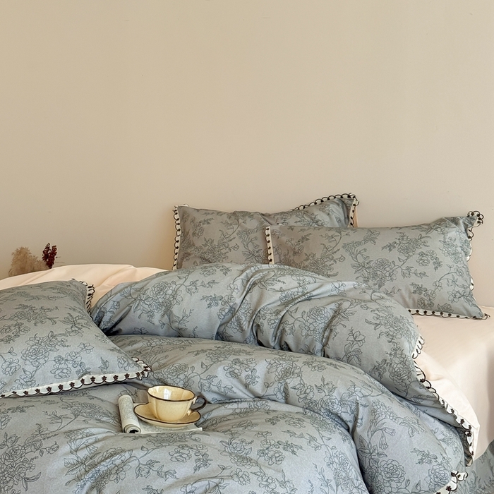 91家纺网 家纺一手货源 找家纺 于果 2025新款全棉纯棉生态磨毛花边款四件套 花眠绿