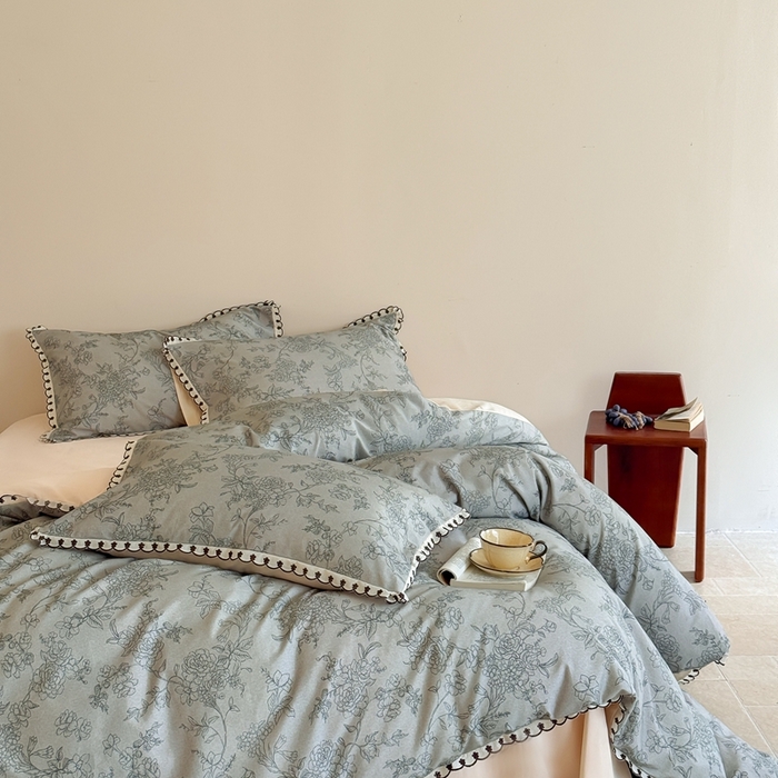 91家纺网 家纺一手货源 找家纺 于果 2025新款全棉纯棉生态磨毛花边款四件套 花眠绿