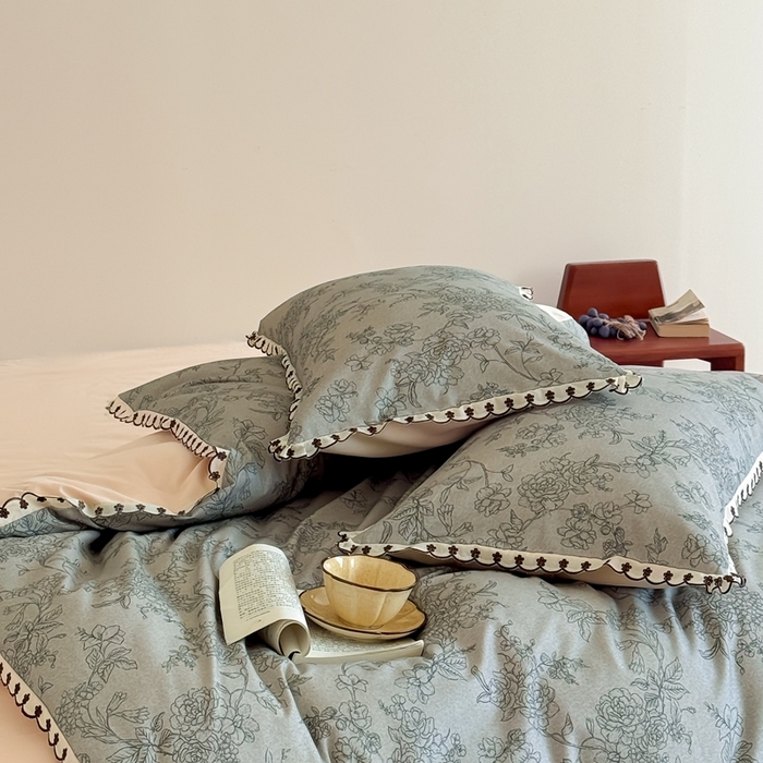 91家纺网 家纺一手货源 找家纺 于果 2025新款全棉纯棉生态磨毛花边款四件套 花眠绿