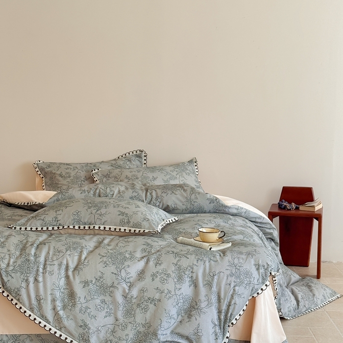 91家纺网 家纺一手货源 找家纺 于果 2025新款全棉纯棉生态磨毛花边款四件套 花眠绿