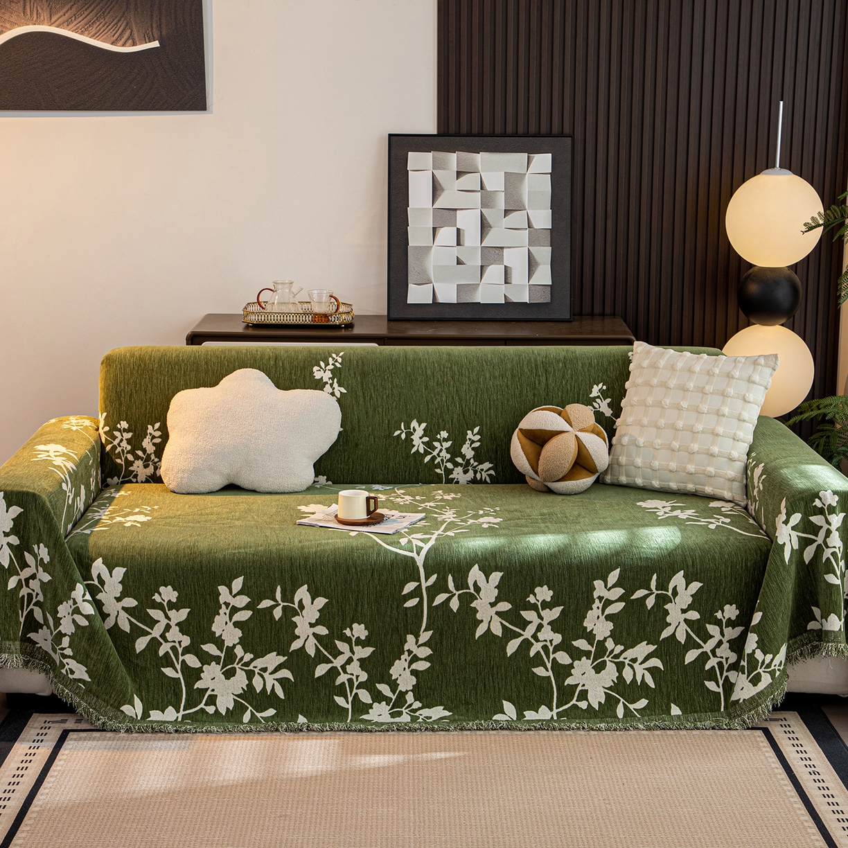 91家纺网 家纺一手货源 找家纺 沐沐家纺 2026新款青岚沙发巾 墨绿