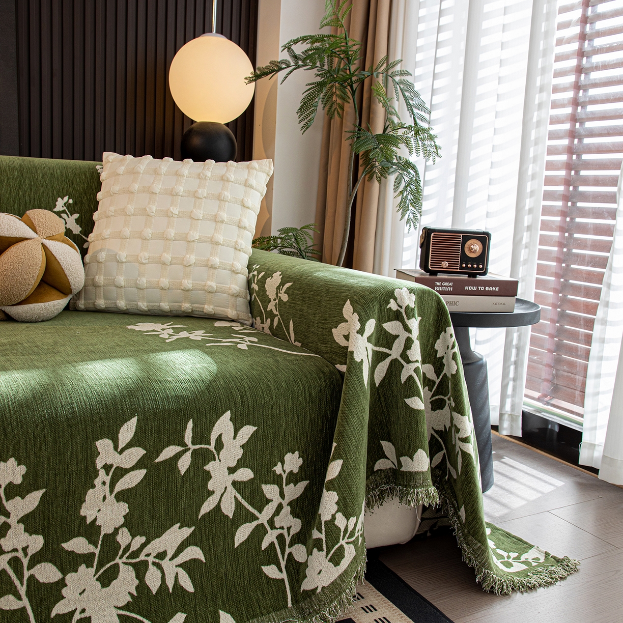 91家纺网 家纺一手货源 找家纺 沐沐家纺 2026新款青岚沙发巾 墨绿