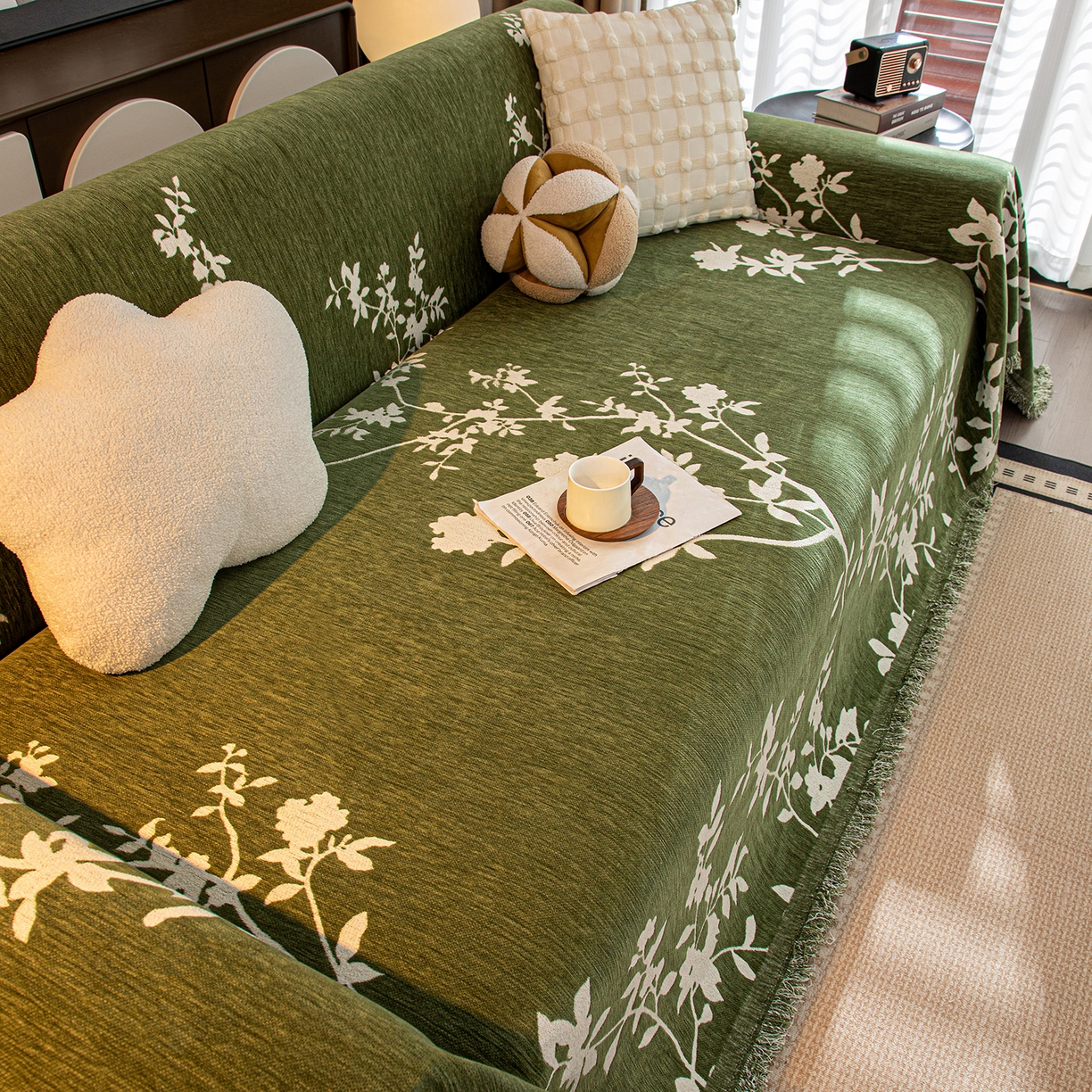 91家纺网 家纺一手货源 找家纺 沐沐家纺 2026新款青岚沙发巾 墨绿