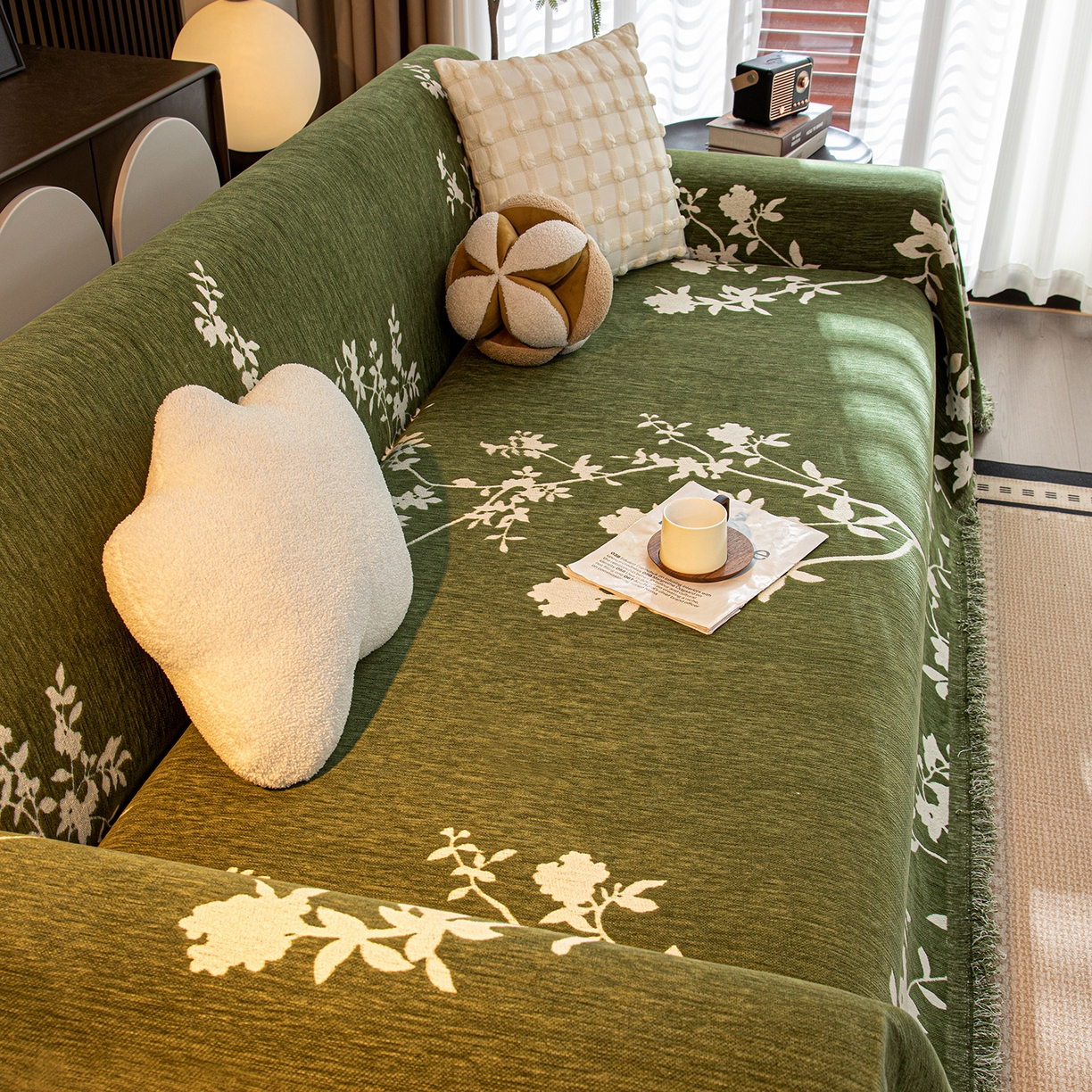 91家纺网 家纺一手货源 找家纺 沐沐家纺 2026新款青岚沙发巾 墨绿