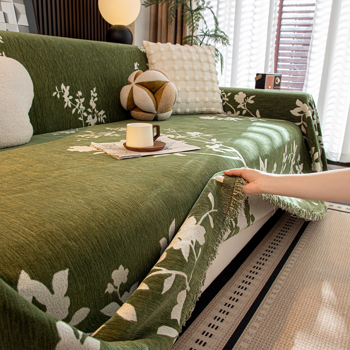 91家纺网 家纺一手货源 找家纺 沐沐家纺 2026新款青岚沙发巾 墨绿