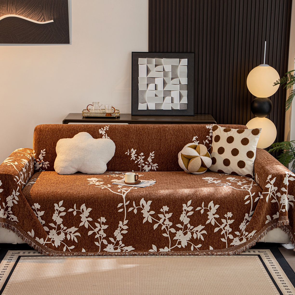 91家纺网 家纺一手货源 找家纺 沐沐家纺 2026新款青岚沙发巾 咖啡